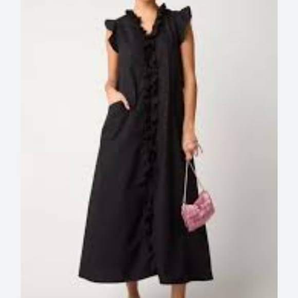 &merci Dresses & Skirts - &Merci Black Ruffle-Sleeve Button-Down Midi Dress Size S